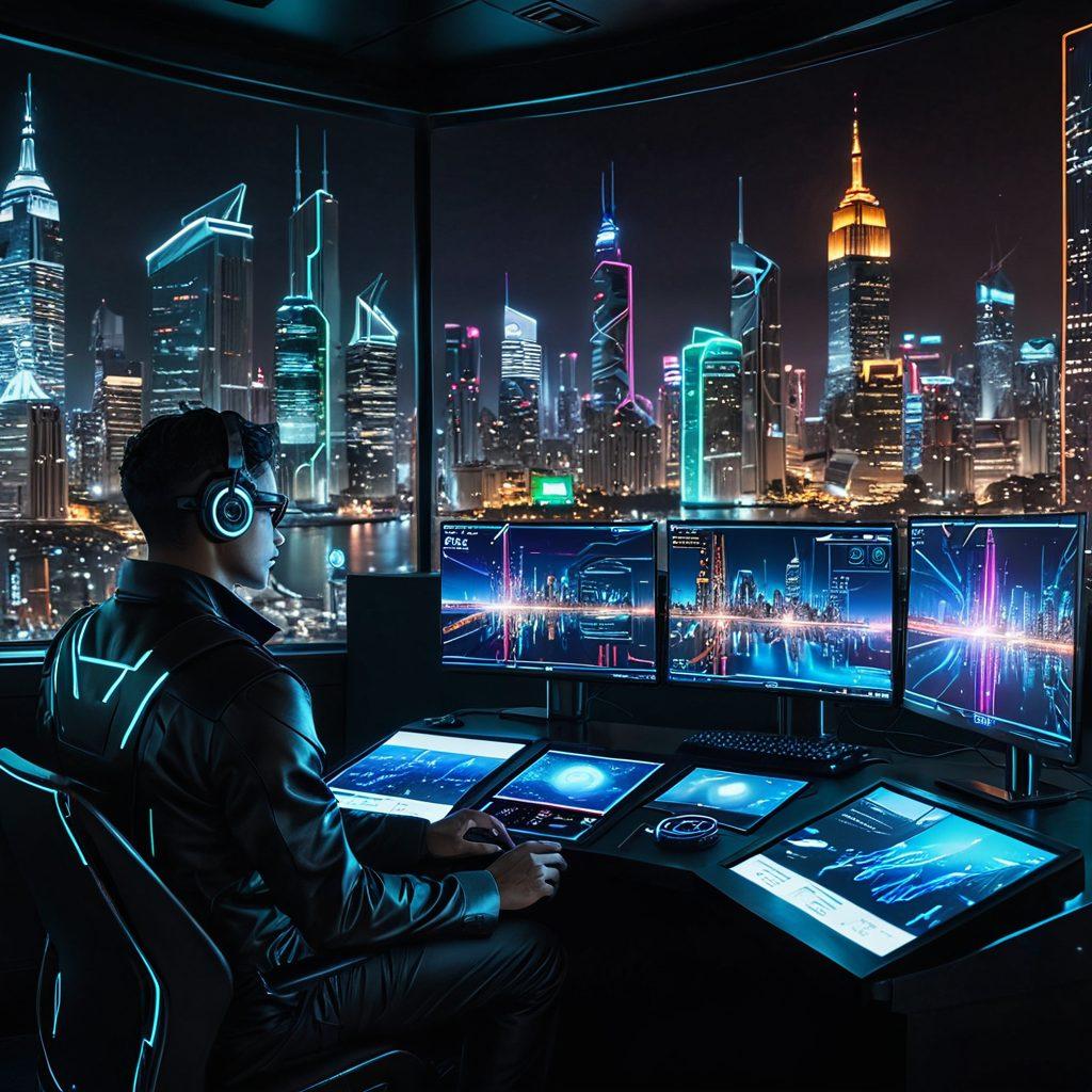 A futuristic cityscape with a digital dashboard in the foreground displaying performance metrics like speed and connectivity. Show vibrant neon lights representing data flow and internet connections intertwining through buildings. Add an explorer character engaging with the dashboard in a thoughtful pose, symbolizing navigation and assessment. Blend elements of technology with a natural landscape in the background to suggest harmony between the digital and real worlds. cyberpunk. vibrant colors. 3D.