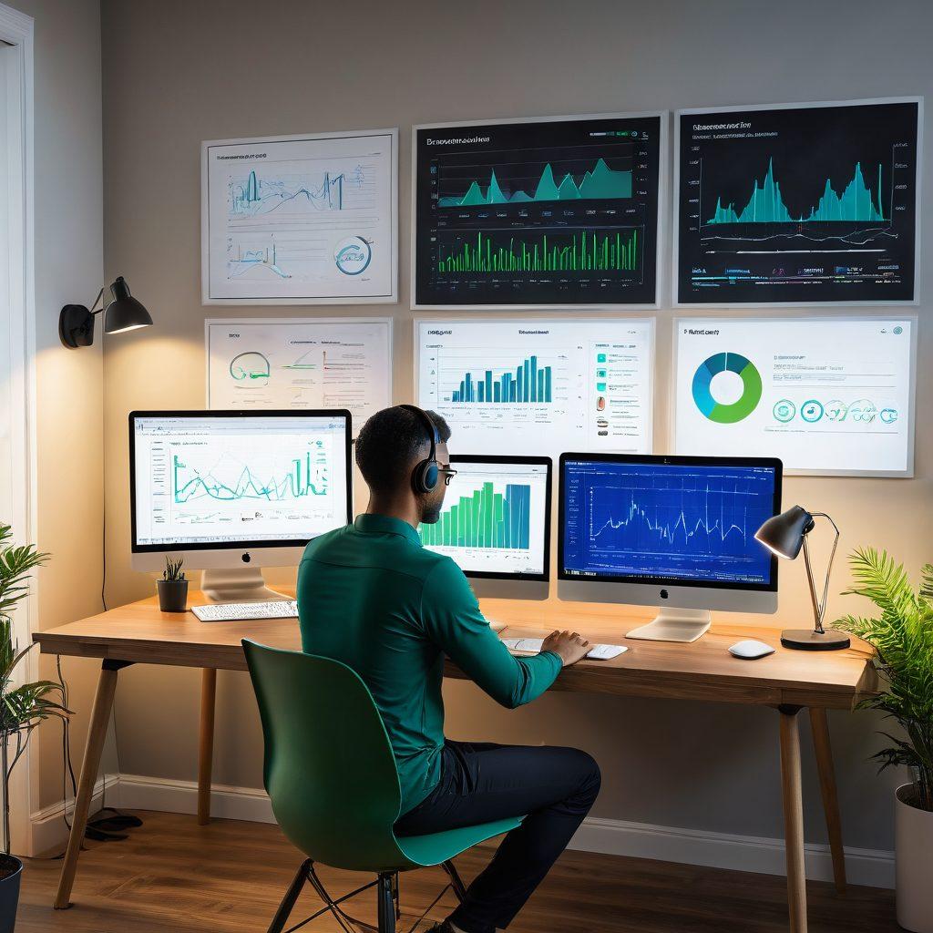 A detailed graphic showing a person testing internet speed on a laptop, surrounded by visual data charts and graphs indicating speed and stability metrics. Include elements like Wi-Fi signals, speed test icons, and a serene home environment. The color scheme should convey tech-savvy professionalism with blues and greens dominating the palette. digital illustration. modern design. vibrant colors.